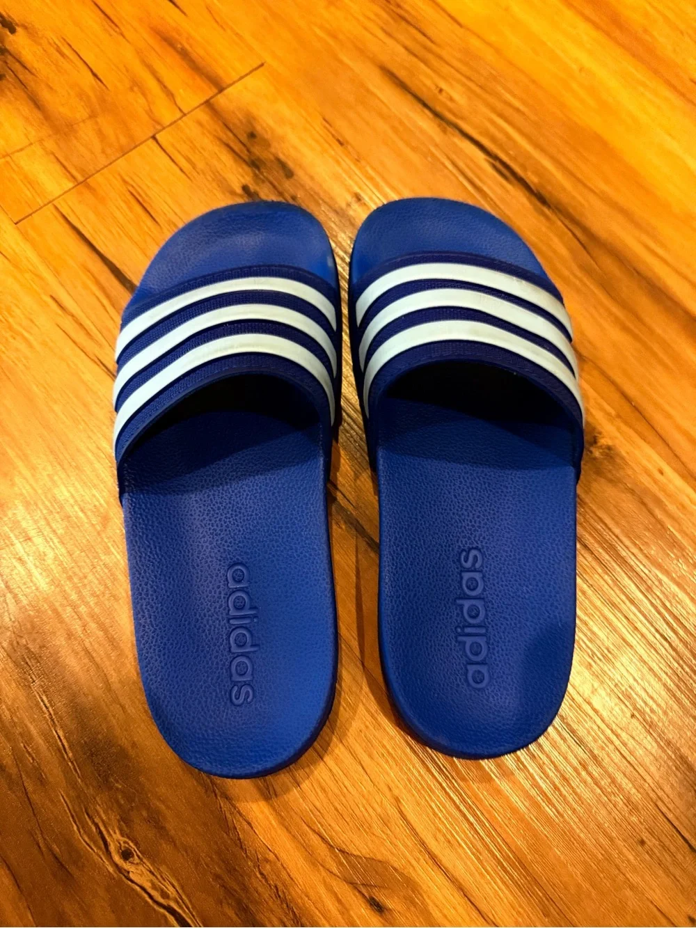 adidas Kids Royal Blue Slides with White Stripes